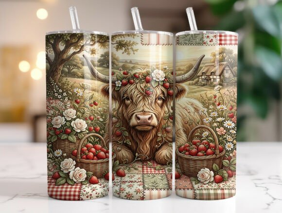 Highland Cow Strawberry Tumbler Wrap PNG Review