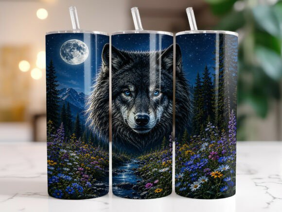 Moonlit Wolf Wildflower Tumbler Wrap Design