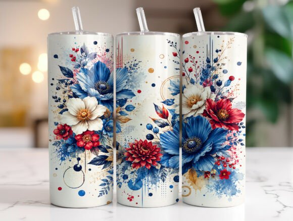 Red White Blue Flowers 20oz Tumbler Wrap